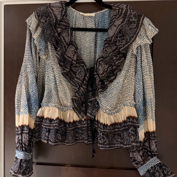Ulla Johnson Tops - Ulla Johnson Blue and Cream Ruffled Blouse (never worn)